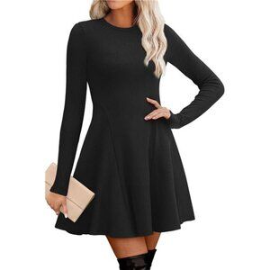 Women Long Sleeve Crew Neck Ribbed Knit Dress Black